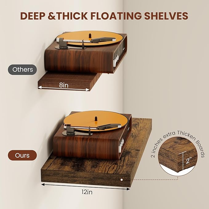 Vivelove Square Floating Shelves 12x12” Set of 2, Rustic Brown | Easy Install with Hardware, Invisible Brackets, No Sagging, Living Room Display Shelf, 2" Thick，Engineered Wood