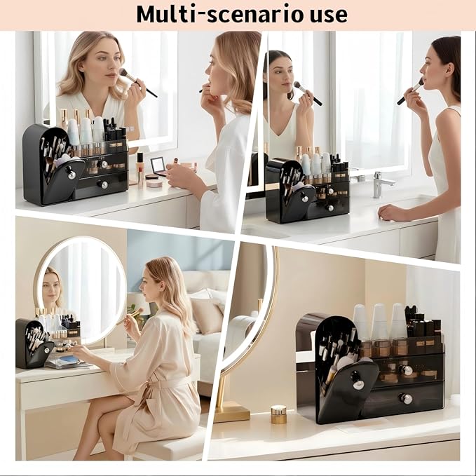 Makeup Organizer for Vanity with Brush Holder,Skincare Organizer | Large Makeup Storage,Bathroom Counter Organizer,Waterproof,Dustproof,Vanity Organizer Countertop,Durable,Easy-Clean,Black