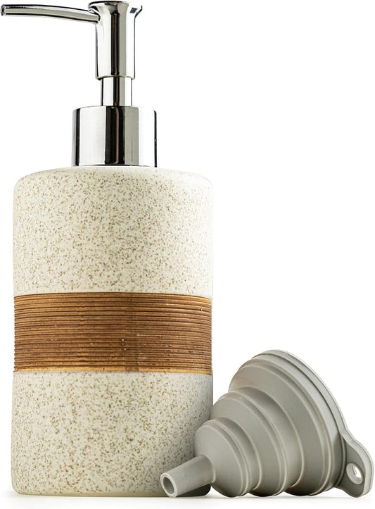 Ceramic Hand Soap Dispenser for Kitchen and Bathroom, Pump Bottle | Refillable Shampoo and Conditioner Dispenser | Lotion and Body Wash Dispenser with Stainless Steel Pump, Funnel, 12OZ White