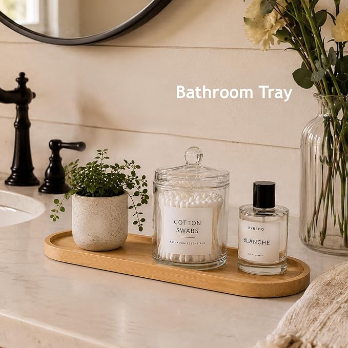 SheeChung Bathroom Counter Tray, Small Bamboo Vanity Tray - 14" x 3.9" | Decorative Kitchen Countertop Organizer for Soap Dispenser, Perfume, Jewelry, Catchall, Makeup, Candle, Coffee Table