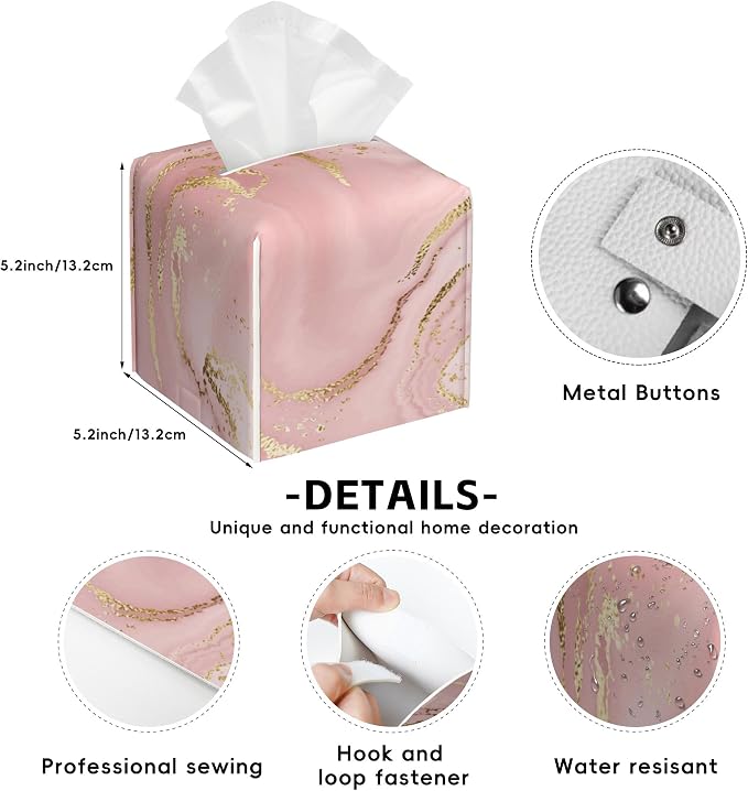 Pink Marble Tissue Box Cover Square,Tissue Box Holder with Belt Bottom,Stylish Leather Napkin Holder for Vanity Countertop,Nightstands,Office Desk,5.2"×5.2"×5.2"