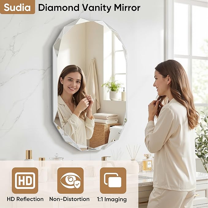 Suidia Bathroom Mirror, 24"x 36" Wall Mirror, Frameless Bathroom Mirror with Beveled Edge for Bedroom, Living Room, Entryway, Hallway, Oval Shape