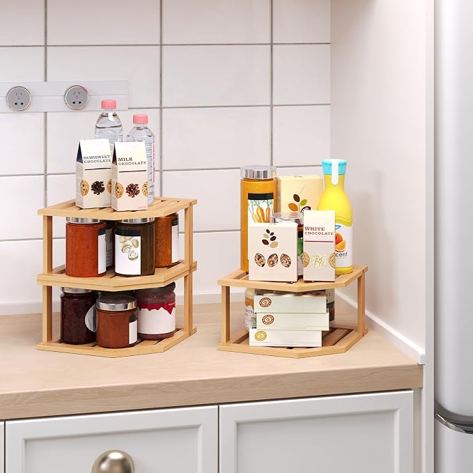 VERTORGAN 2 Tier Bamboo Corner Shelf 3 Pack Plate Organizer Kitchen | Pantry Storage,Dish Rack,Spice Rack,Corner Organizer,Kitchen Counter Shelves,Kitchen Storage,Holds Plates