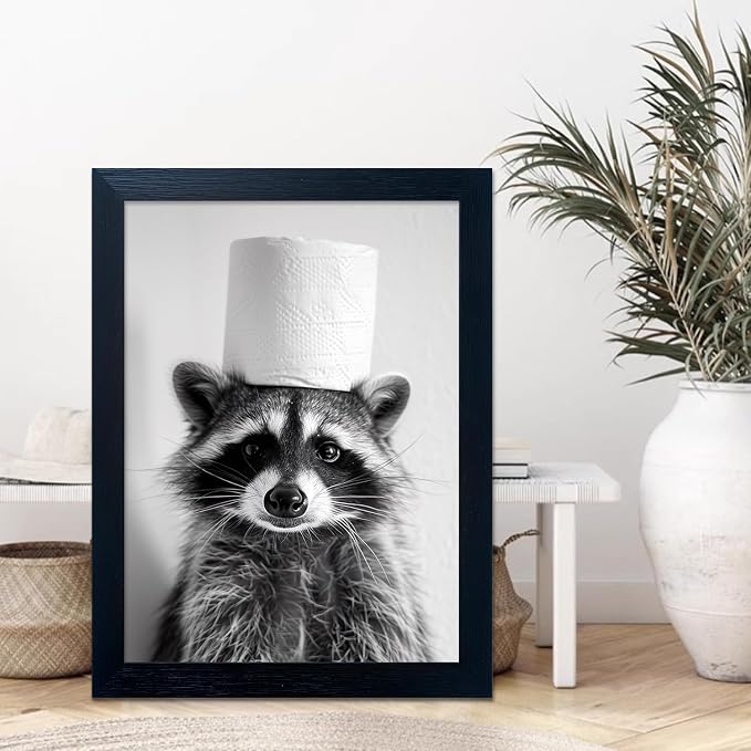 Funny Raccoon Wall Decor Bathroom Animal Wall Art Raccoon With a Toilet Paper Roll on the Head Toilet Humor Decor Framed Black and White Cute Farmhouse Picture