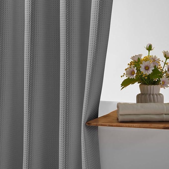 River Dream Heavyweight Waffle No Hook Shower Curtain with Liner,Gray,71x80 | Dotted Waffle,Snap-in Liner,Heavy Duty,Quick Dry,Mesh Top Window,With Bottom Magnets,Hotel-Grade,Washable,Long Size