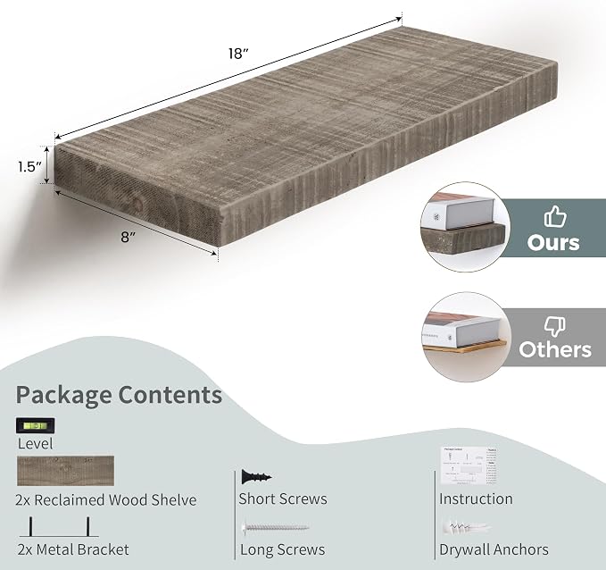 Floating Shelves for Wall,18 Inch Reclaimed Barnwood Planks Set of 2,8 Inch Deep Rustic Solid Wood Wall Shelves for Storage,Wood Wall Mount Shelf with Invisible Heavy-Duty Metal Bracket,Grey