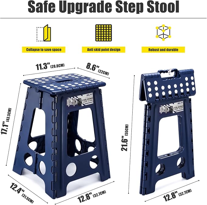 Delxo 17.5 Inch Folding Step Stool,Foldable Step Stool for Adults Blue | Step Stool with Safety Lock,Portable Collapsible Step Stool,Non-slip Folding Stools for Kitchen Bathroom Bedroom Garden 1PC
