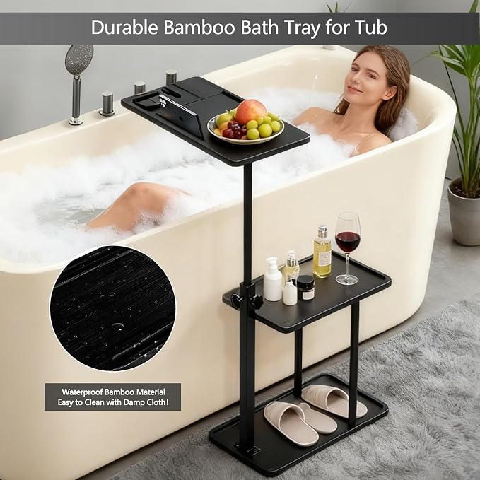 3 Layer Bathtub Tray Table,Bamboo Swivel Bathtub Side Table Height Adjustable,Freestanding Bathtub Tray for Tub Against Wall,Bathtub Accessories&Bathroom Organizer for Luxury Home Spa (Black1)