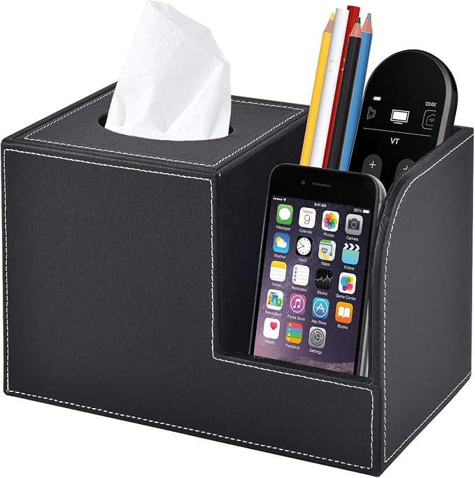 PU Leather Tissue Box Cover with Storage Square-Multifunctional Tissue Holder,Remote Control Holder,Decorative Tissues Boxes Organizer,Home Office Desktop Storage box,Black