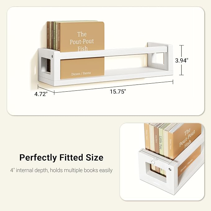 3 Pack Solid Wood Floating Shelves for Wall, Nursery Bookshelf, White | Durable Solid Wood Construction, Deep Shelf Space for Books, Toys, Plants, Photos and Kitchen Storage