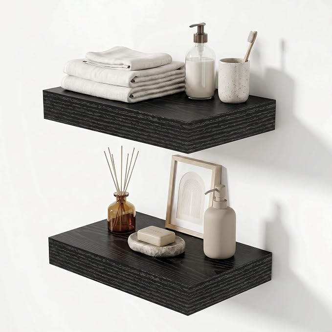 Heimlove 12 Inch Floating Shelves for Wall Black Shelves Set of 2,Wall Mounted Rustic Wood 8 Inch Deep Floating Shelf with Invisible Brackets for Bedroom Kitchen Living Room