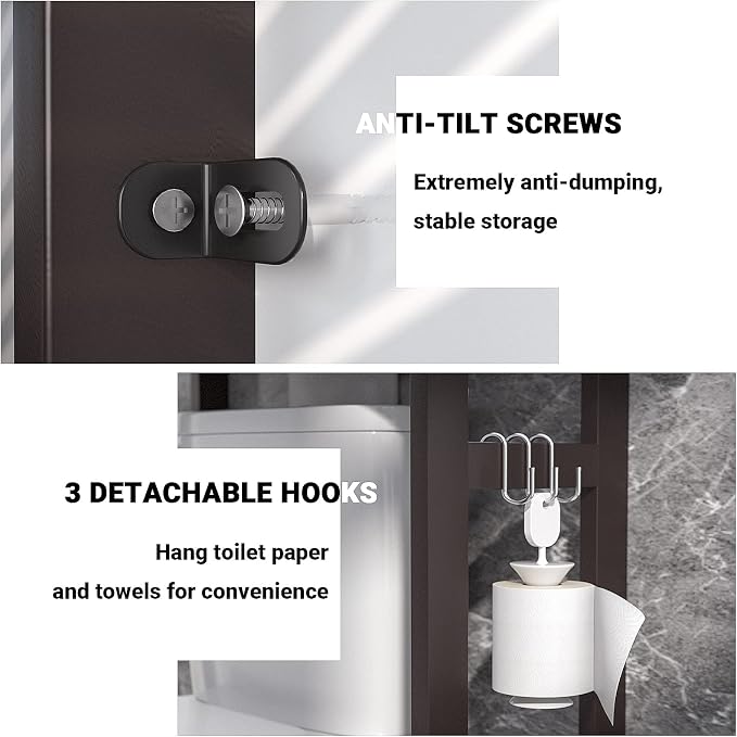 Over The Toilet Storage, Bamboo 3-Tier Over-The-Toilet Space Saver Organizer Rack, Stable Freestanding Above Toilet Stand with 3 Hooks for Bathroom, Restroom, Laundry, Espresso