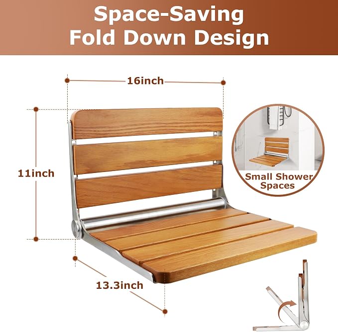 Foldable Shower Seat Wall Mounted 16 in Wide, Teak Bench for Small Shower | Foldable Design, Shower Use