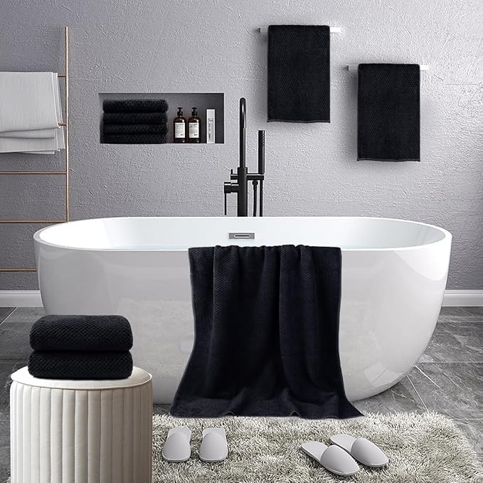 HOMEXCEL 8PK Bath Towel Set, Soft Absorbent, 2 Bath, 2 Hand, 4 Wash, Black | Light Weight, Quick Drying Towel Set for Bathroom, Gym, Hotel, SPA, Sport, Yoga, Fitness