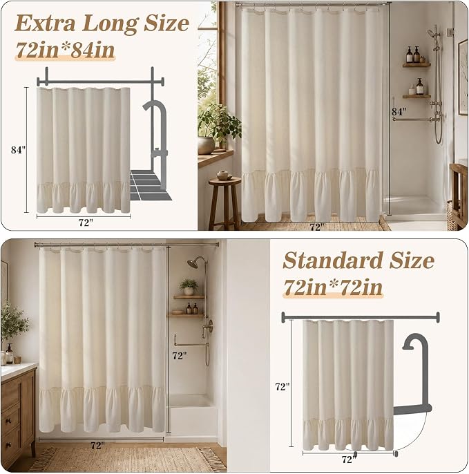 Yinhua Farmhouse Shower Curtain with Ruffle, Vintage Linen Extra Long Shower Curtains for Bathroom, Beige Striped Bath Curtain with 12 Hooks, Heavy Duty Waterproof Washable Cloth, 72" W x 84" L