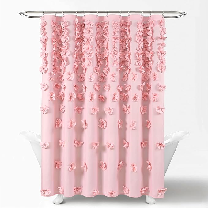 Lush Decor Riley Shower Curtain, 72" W x 72" L, Pink - Bathroom Curtain - Coquette Decor - Bow Shower Curtains - Cottage Core - Fabric Shower Curtains