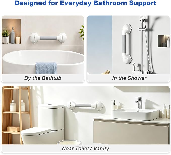 Suction Grab Bar 2 Pack, 16.9 Inch Shower Grab Bars for Seniors, No Drill Removable Bathroom Safety Handles for Bathtubs and Showers, Grey White