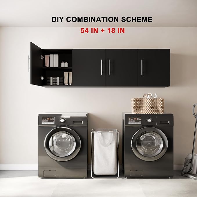 Laundry Wall Cabinet, 54"W x 12"D x 20"H Wooden Wall Mounted Storage Cabinet, 3 Door Cabinet with Soft Close and Metal Handle and Adjustable Shelf, for Kitchen, Garage, Laundry, Bathroom, Black