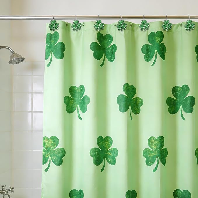 12Pcs St. Patrick's Day Glitter Shamrock Shower Curtain Hooks | Glitter Shamrock Design, Durable Resin Metal, Easy Installation, Versatile Use, and 12Pcs Set Perfect for Holiday Decor