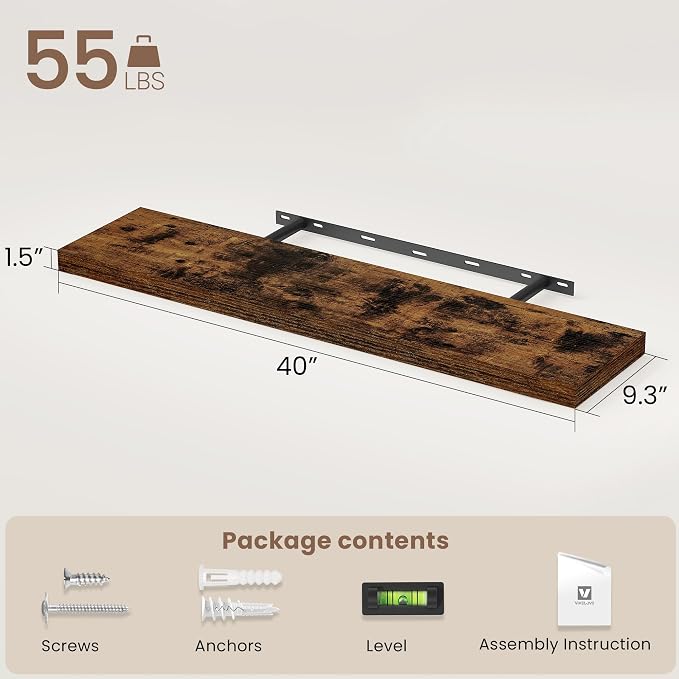Vivelove Floating Shelves 9 inch Deep 40”Long Set of 2, Rustic Brown | Easy Install With Hardware, 1.5" Thick, Invisible Brackets, Wall Mounted, No Sagging, For Any Room