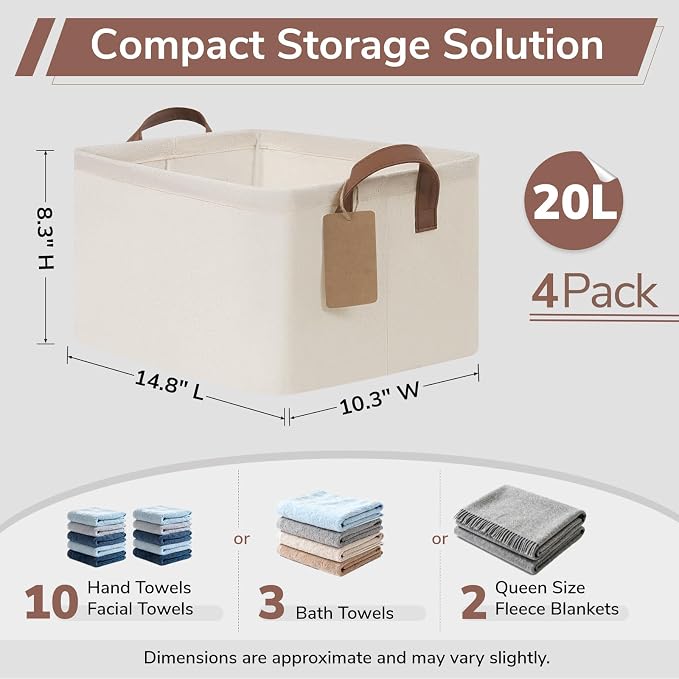 CHICVITA 4 Pack Fabric Shelf Storage Baskets with Metal Frame, Beige | 14.8 × 10.3 × 8.3 in, Collapsible Design, Leather Handles, Closet Organization, Clothes, Towels, Linens & Bedroom Storage