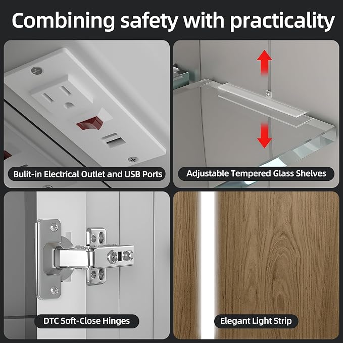 20 x 28 Inch Medicine Cabinet with Mirror and LED Light for Bathroom | Recessed, Wall-Mounted, Dimmable, Anti-Fog, Memory Function, 3 Color Mode, Outlet&USB, Adjustable Shelf, ETL Listed, Aluminum