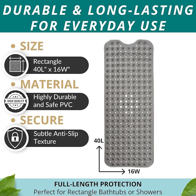ENKOSI Non-Slip Bath & Shower Mat 40x16 Extra Long, Suction & Drain Holes | Clear Gray look; Durable PVC; 40x16 in, Clear Gray