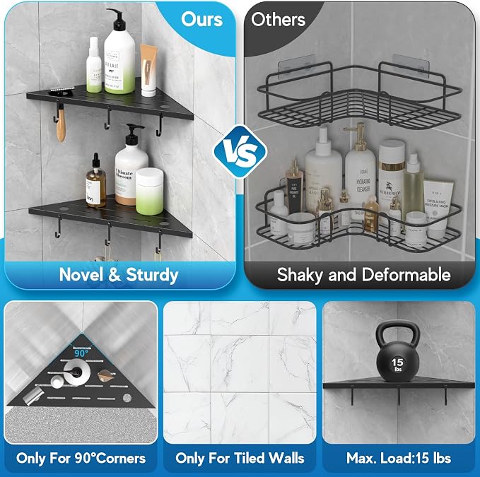 Corner Shower Shelves, 10" Matte Black 304 Stainless Steel Recessed Shelf for Bathroom，Grout in Shelf with Hooks for Tiled Wall 2 Pack (Black)
