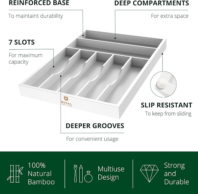 ROYAL CRAFT WOOD Luxury Bamboo Kitchen Drawer Organizer - Silverware Organizer - Utensil Holder and Cutlery Tray with Grooved Drawer Dividers for Flatware and Kitchen Utensils (7 Slot, White)