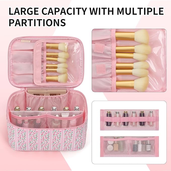 Makeup Bag for Women - Travel Cosmetic Organizer with Brush Slot & Divider, Large Capacity Toiletry Bag for Girls, Travel Makeup Case for everyday Make up Accessories -Pink Floral