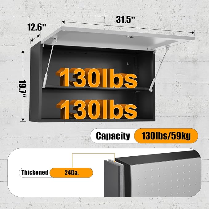 Garage Wall Cabinet, Metal Tool Cabinet with Lock&Adjustable Shelf | 20"H Wall Mounted Garage Storage Cabinets with Up-Flip Door, Steel Float Locker for Basement, Workshop, Kitchen, Black-silver