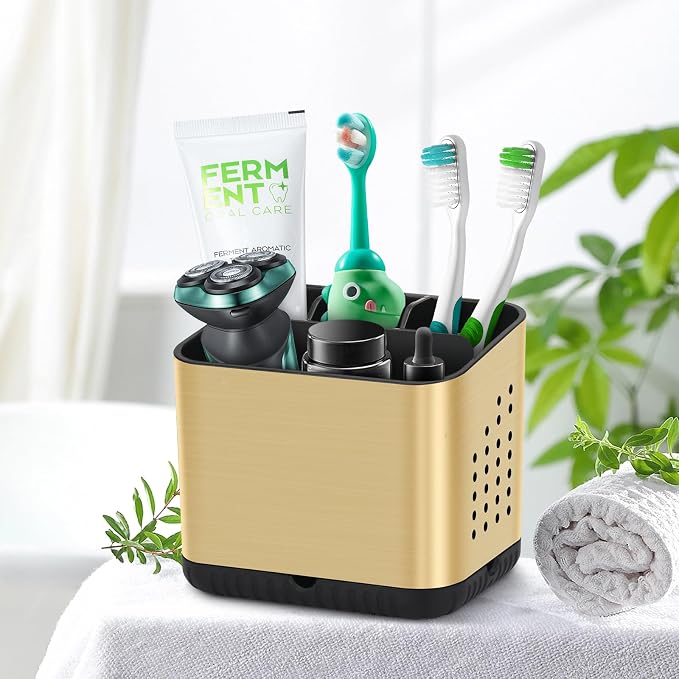Tooth Brush Holders for Bathrooms, Toothbrush Organizer (Brushed Gold) | Easy To Clean, Drainage, Removable, Non-Slip, 4 Slots ToothBrush Holder for Bathroom Countertop Organizer