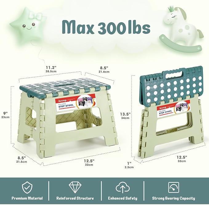 Folding Step Stool 9 Inch for Kids, 300 lbs, Bicolor Green | Lightweight Plastic Small Foldable Step Stool with Handle, Non-Slip, for Kitchen, Bathroom, Bedroom and Closet