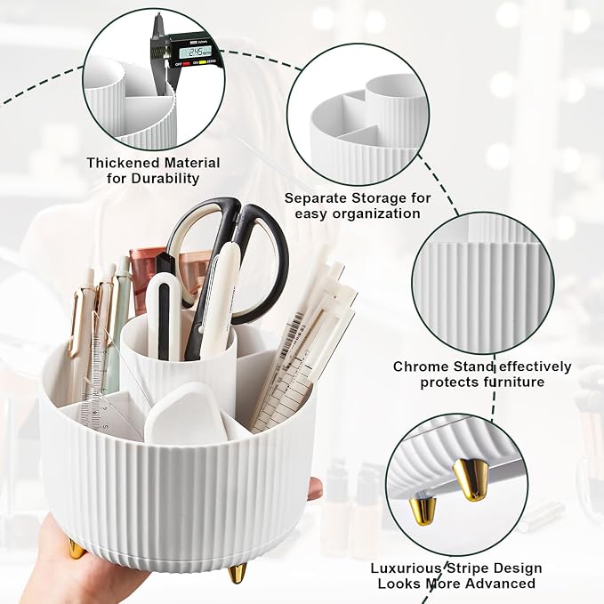 Makeup Brush Holder Organizer,360° Rotating Makeup Brush Organizer,5 Slot Make up Brushes Cup for Cosmetics, Nail Polish, Art Supply, Bathroom Vanity Desktop Organizer - White