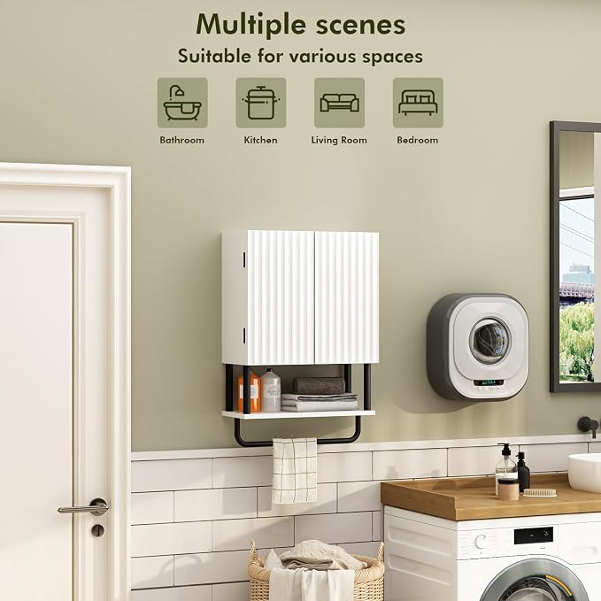 RUSTOWN Fluted Bathroom Wall Cabinet with 2 Doors, 3-Tier Medicine Cabinet | Modern Farmhouse Wall Mounted Cabinets, Over The Toilet Storage Cabinet, Adjustable Shelf and Towel Bar, Small