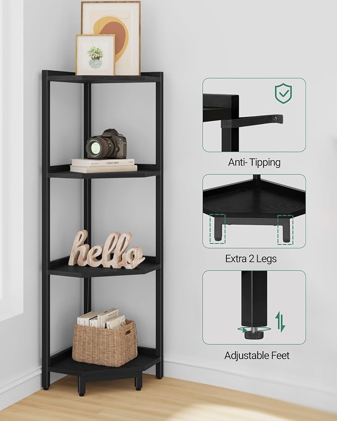Hzuaneri Corner Shelf Stand 4-Tier Corner Bookshelf Storage Standing Shelf | Bookcase Plant Stand with Metal Frame for Living Room, Home Office, Bedroom, Black CS05806B