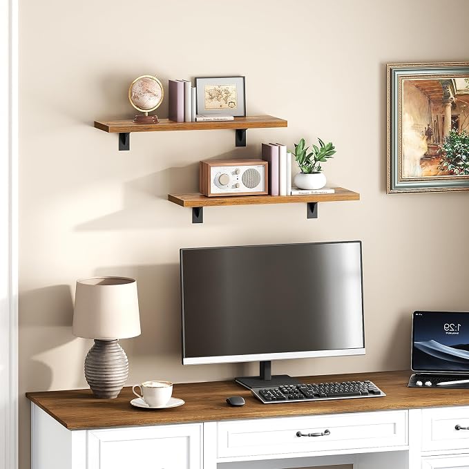 HOOBRO Floating Shelves for Wall, 15.7" Wall Mounted Shelves Set of 2, Hanging Storage Shelf with Metal Brackets, Wooden Shelf for Living Room, Bedroom, Bathroom, Rustic Brown and Black BF42BJP201G1
