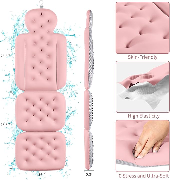 Luxury Bath Cushion, Full Body Bathtub Pillow with 160 Suction Cups, Bath Mat for Head and Neck Support, with Laundry Bag (Light Pink, 51" x 16")