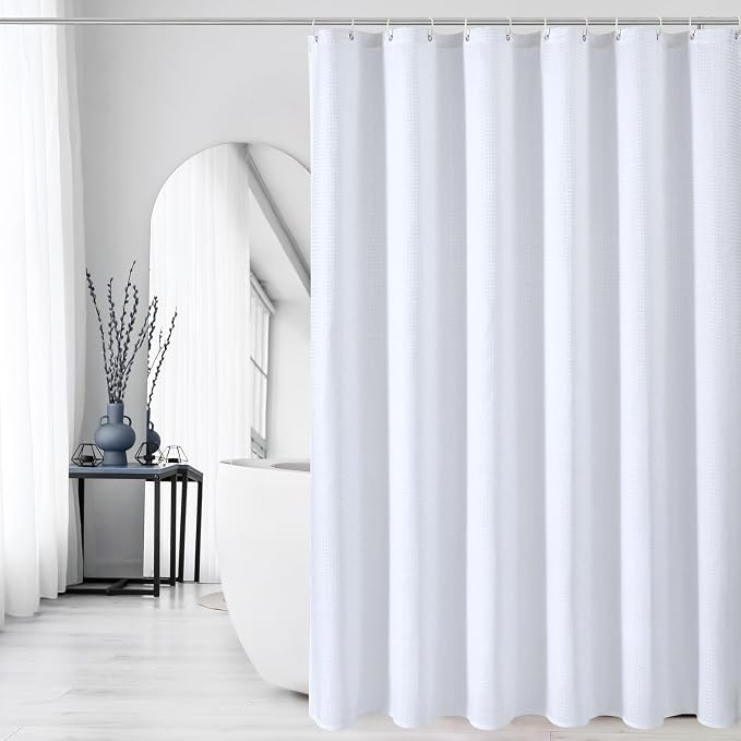 Small Stall White Fabric Shower Curtain, 36 x 72 | Narrow Half Cloth-Textured Shower Curtain for Bathroom, Water Repellent, Machine Washable