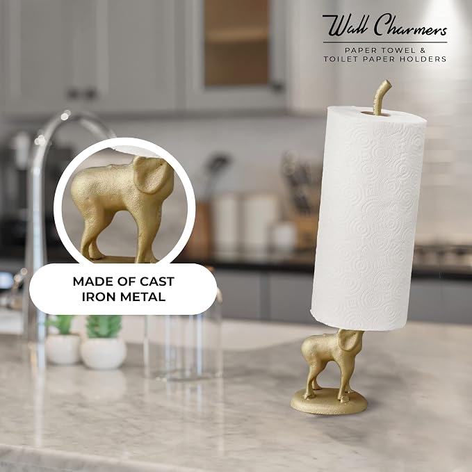 Gold Paper Towel Holder, Metal Toilet or Kitchen Paper Holder for Floor or Countertop, Gold Elephant | 18.6 inch tall gold cast iron hand towel holder for kitchen countertop or bathroom with weighted base, no assembly