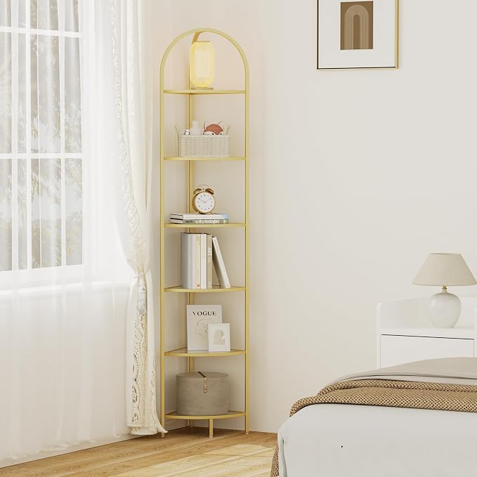Homhedy 6-Tier Gold Corner Shelf Stand, Metal Corner Bookshelf | Display Shelf, Tempered Glass Shelves, Plant Stand, Storage Rack Shelf for Bedroom, Living Room, Home, Office, Gold