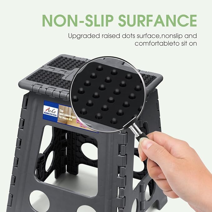 ACKO 16 Inch Folding Step Stool, 400 lbs Capacity Foldable Stools, Dot Gray | Portable Heavy Duty Collapsible Foot Stool with Handle for Adults & Kids, Non-Slip, Safety Lock, Kitchen Bathroom Outdoor