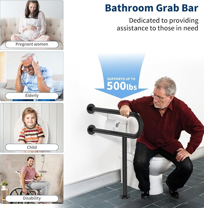 ZUEXT 24x28 Inch Matte Black Toilet Support Rail w/Toilet Paper Holder | Wall to Floor, Anti-slip Handicap Grab Bar, Stainless Steel Bathroom Safety Handrails with Leg, For Elderly Disabled Pregnant