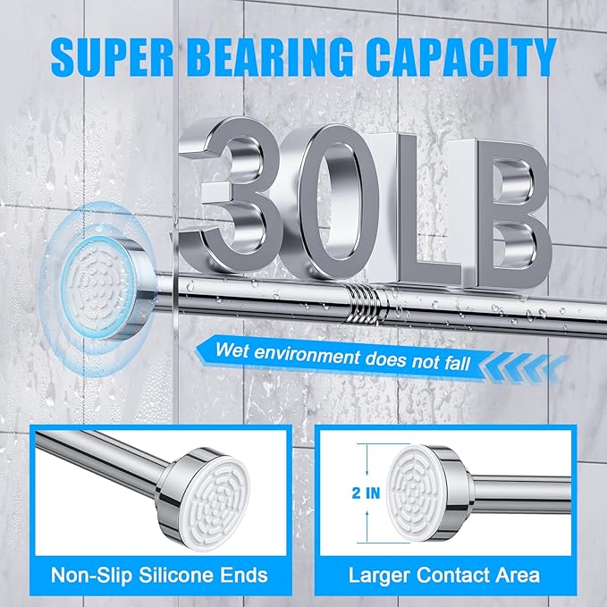 TEECK 2 Pack Shower Curtain Rod, 32-80 inch Adjustable Spring Tension Curtain Rod, Never Rust Anti-Slip Shower Curtain Rod for Bathroom, No Drilling, Never Collapse, Easy to Use, Silver