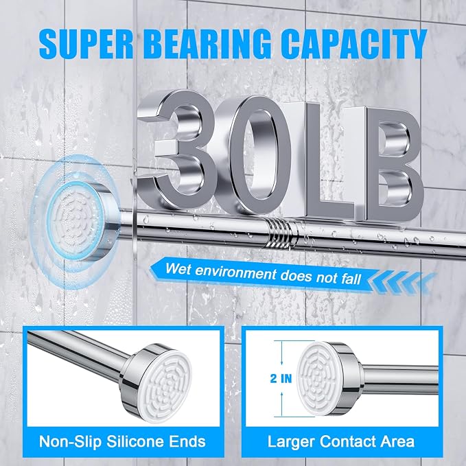 TEECK Shower Curtain Rod, 32-43 inch Adjustable Spring Tension Curtain Rod, Never Rust Anti-Slip Shower Curtain Rod for Bathroom, No Drilling, Never Collapse, Easy to Use, Silver