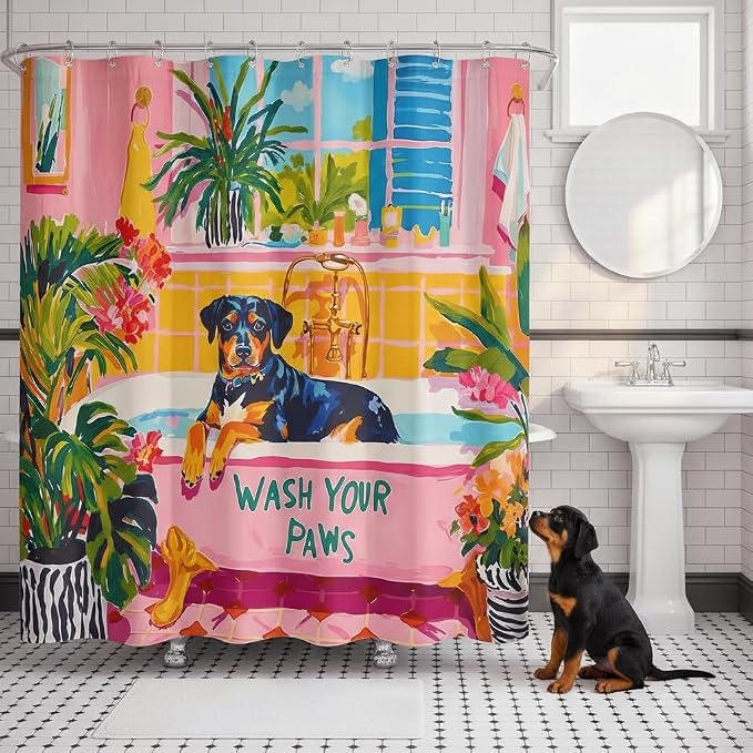 Accnicc Funny Dog Shower Curtain Boho Cute Rottweiler Shower Curtains for Bathroom Green Tropical Plants Pink Bathtub Matisse Decorative Unique Waterproof Fabric Bath Curtain Decor 72 X 72 Inches