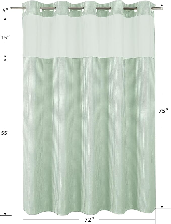 Colorful Star Mint Green No Hook Waffle Shower Curtain Set, 72" W x 75" L | Waterproof Shower Curtain with Snap in Fabric Liner and Mesh Top Window, Hotel Style Heavy Duty Thick Bathroom Curtain