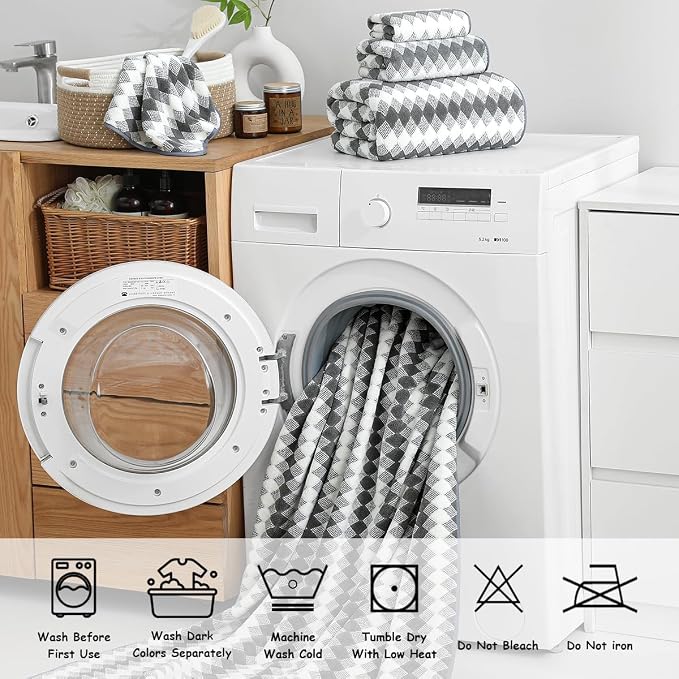 12 Pcs Gray White Diamond Towel Set-4 Bath Towels,4 Hand Towels,4 Washcloths Soft Polyester Towels with Loop Absorbent Shower Towel Quick Dry Beach Chair Towel Family Towels for Bathroom Spa Gym Pool