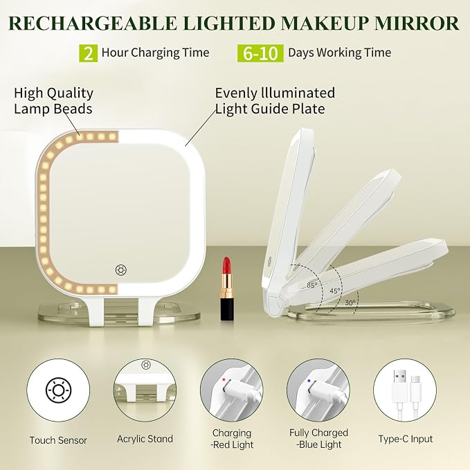 FUNTOUCH Rechargeable 7" Travel Makeup Mirror 30X Magnification,White | Double Sided Magnifying Mirror with Tweezers/Hook/Bag, 3 Color Lights & Adjustable Brightness, 300°Rotation , Gift for Women