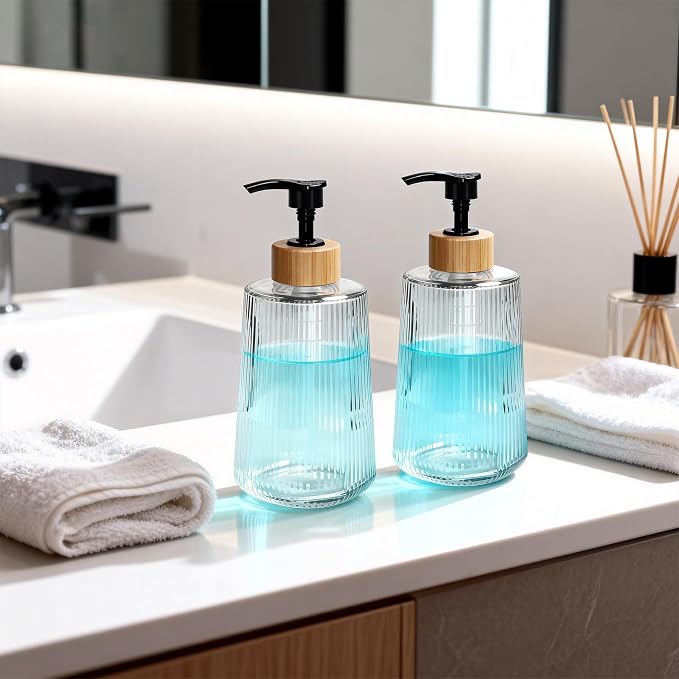Glass Soap Dispenser, Thickened Glass Hand Soap Dispenser for Bathroom, Kitchen Dish Washing Liquid Bottles, Shampoo and Conditioner Bottles, Modern Farmhouse Style (Clear, Set of 2, 12oz)